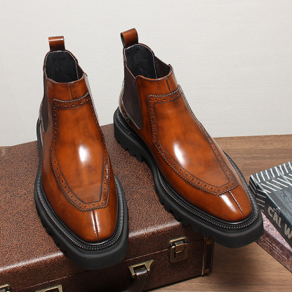 Cognac Burnished Brogue Chelsea Boots with Lug Sole
