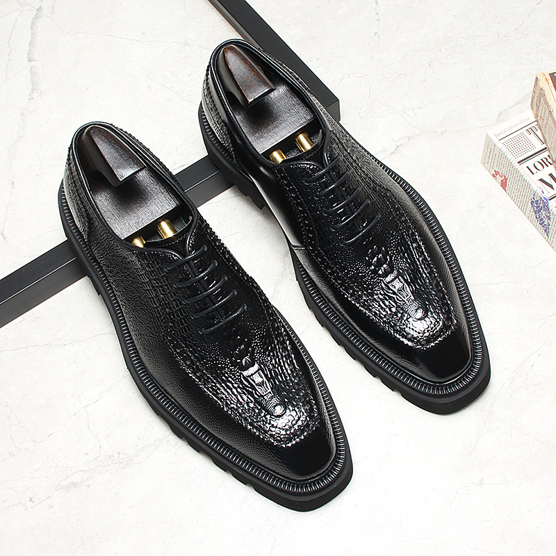 Genuine Croc- Embossed Leather Oxford Shoes with Lug Sole