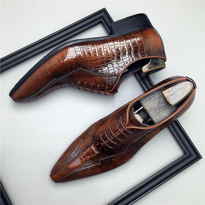 Elongated Modern Toe Croc-Embossed Derby Shoes