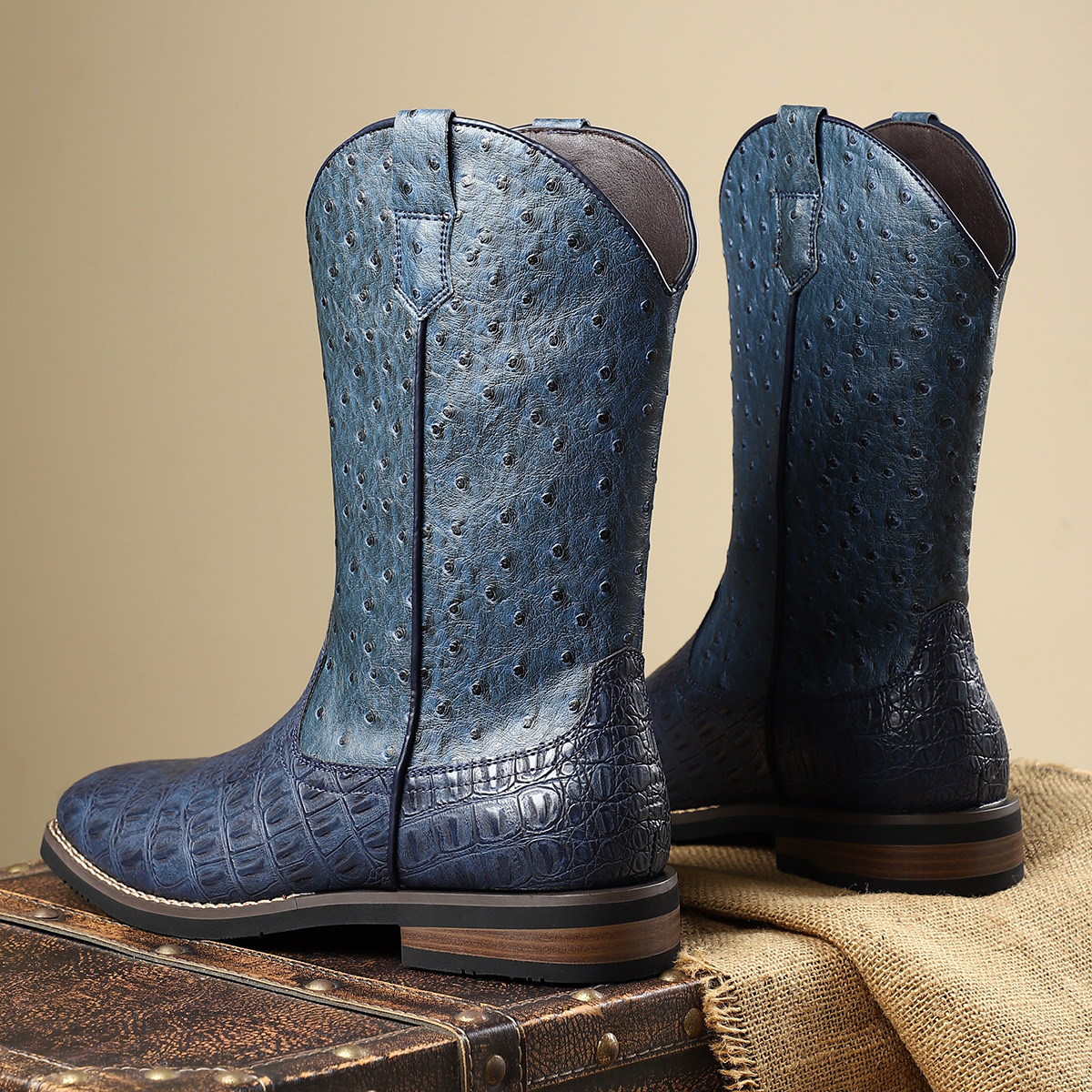 Premium Ostrich-Effect Cowboy Boots
