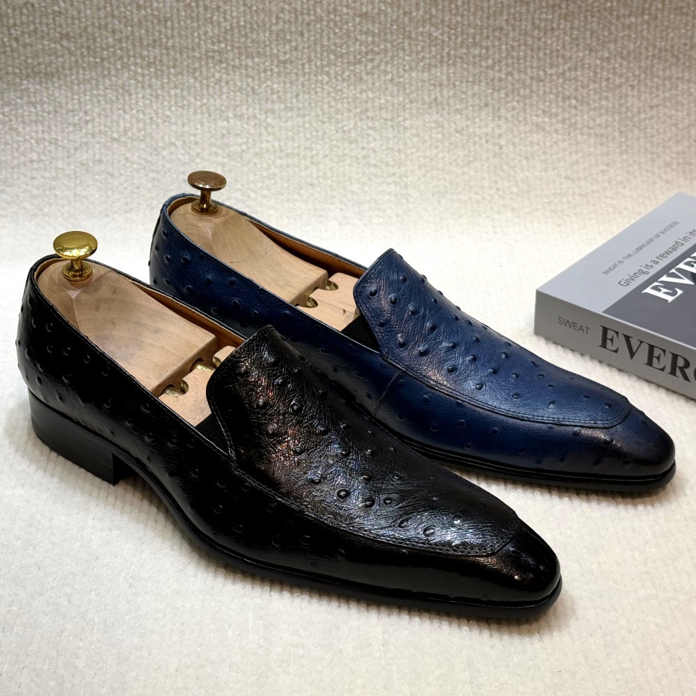 Luxury Slip-On Ostrich-Embossed Leather Loafers