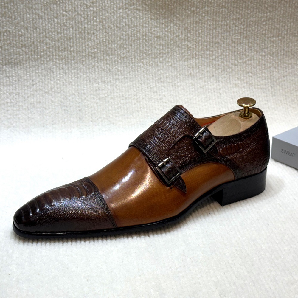 Ostrich-Embossed Double Monk Strap Dress Shoes