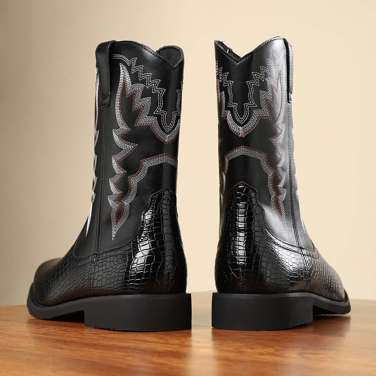 Two-Tone Side Zipper Western Croc-Embossed Leather Boots