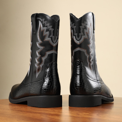 Two-Tone Side Zipper Western Croc-Embossed Leather Boots