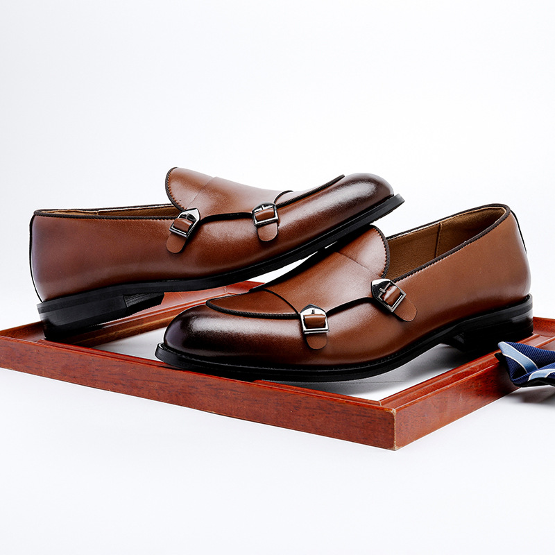 Slip on leather monk strap loafers for business