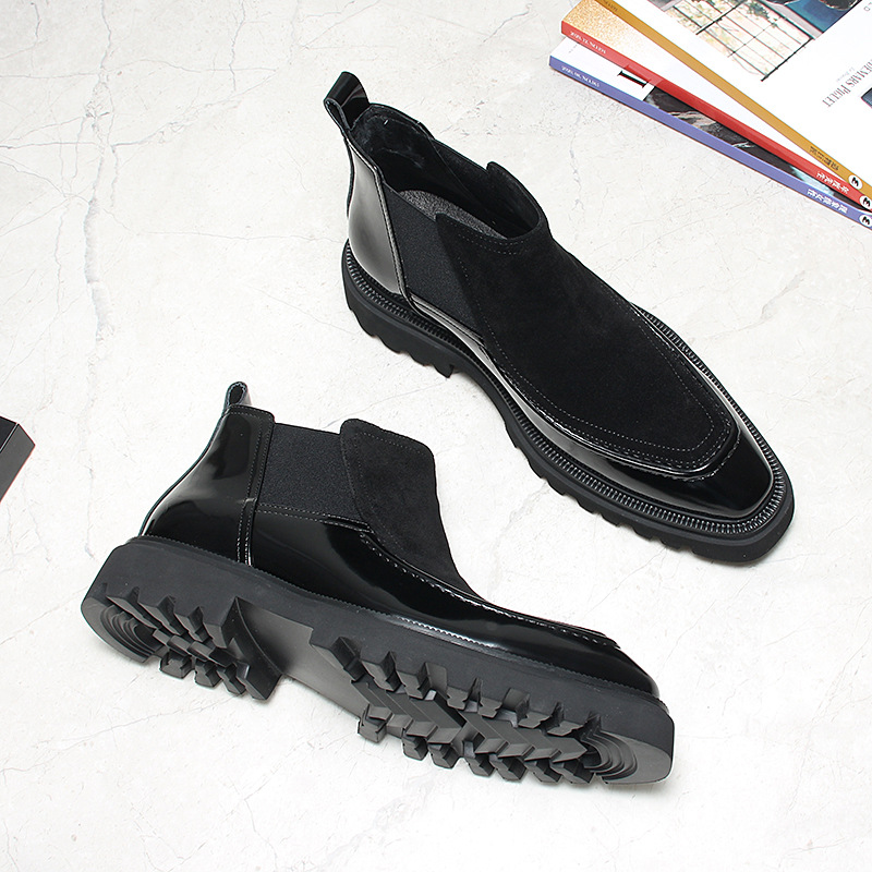 Premium Black Suede Gloss Leather Chelsea Boots