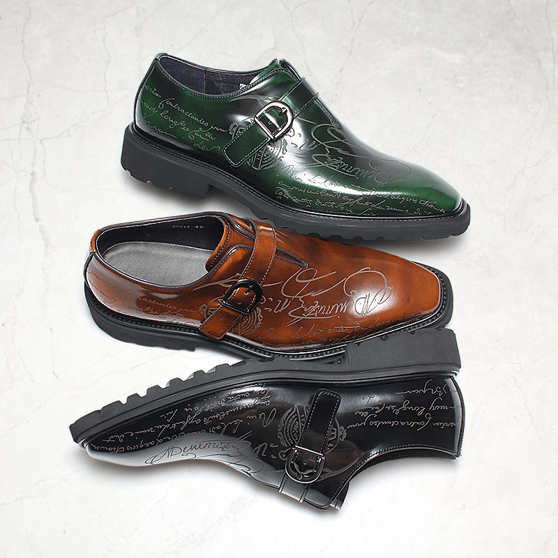 Close-up of hand-polished patina leather and stitched welt detail.