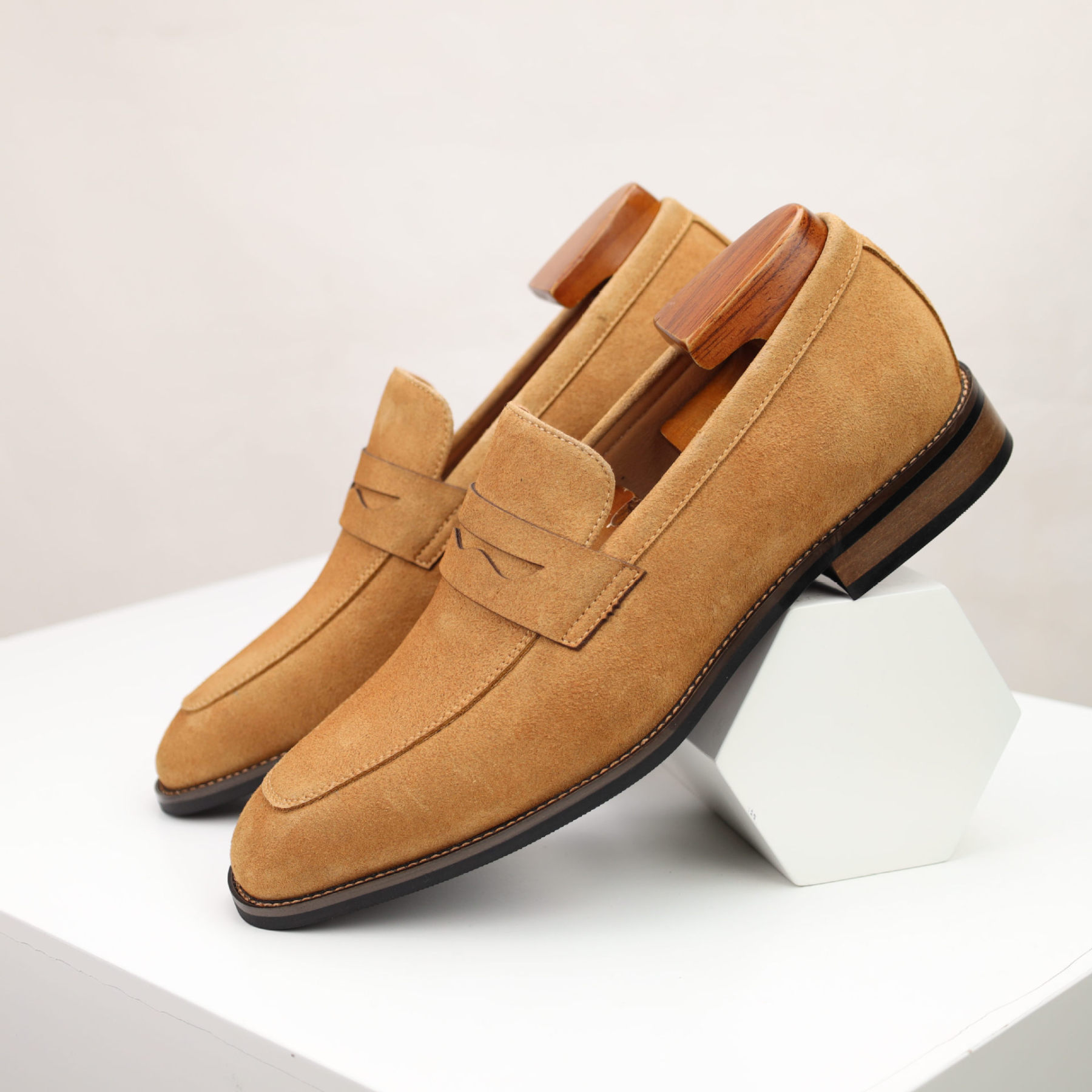 Men’s camel suede loafers modern gentleman style