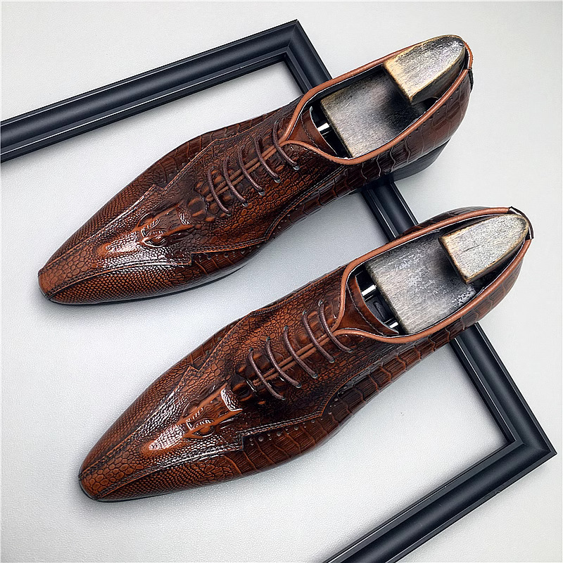 Elongated Modern Toe Croc-Embossed Derby Shoes