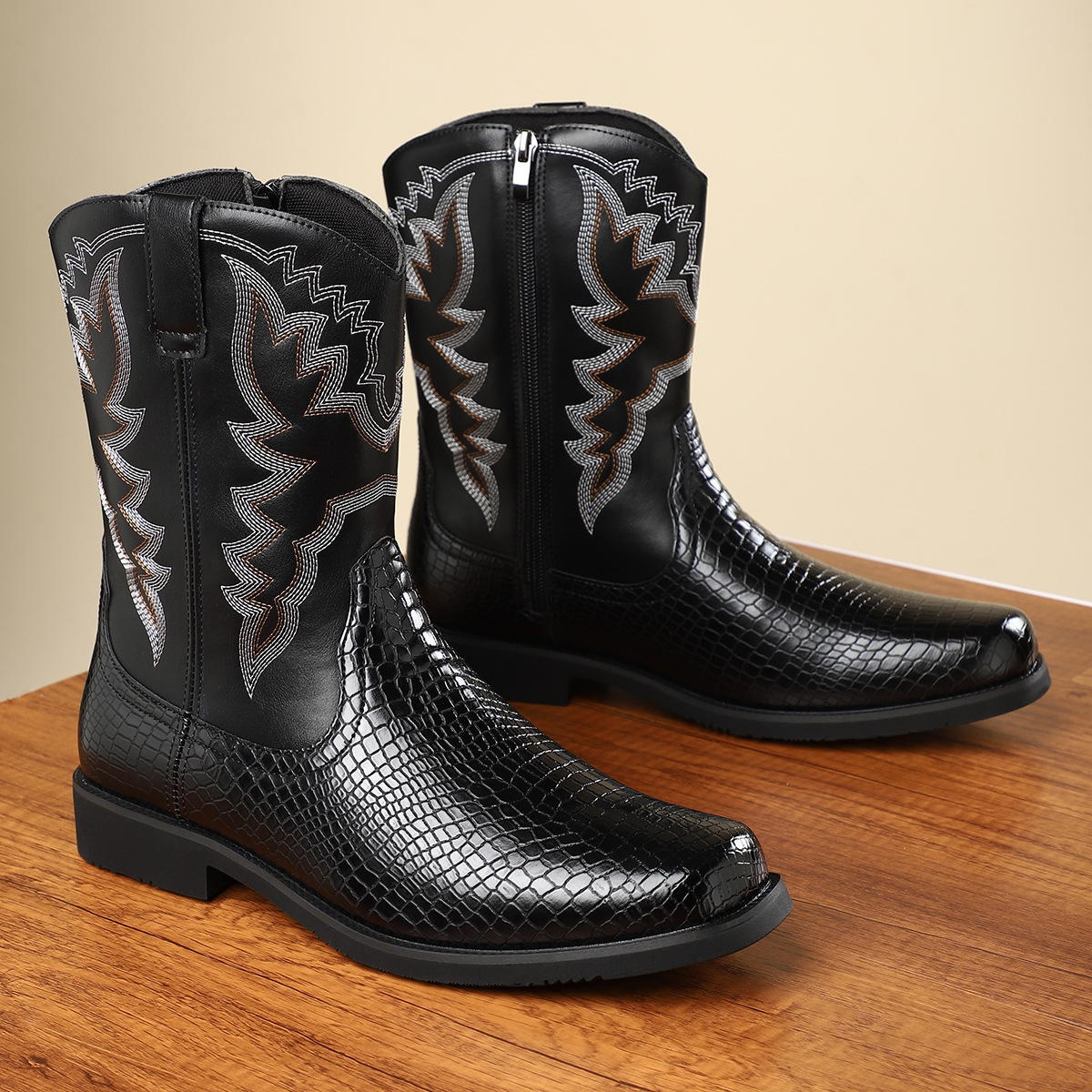 Two-Tone Side Zipper Western Croc-Embossed Leather Boots