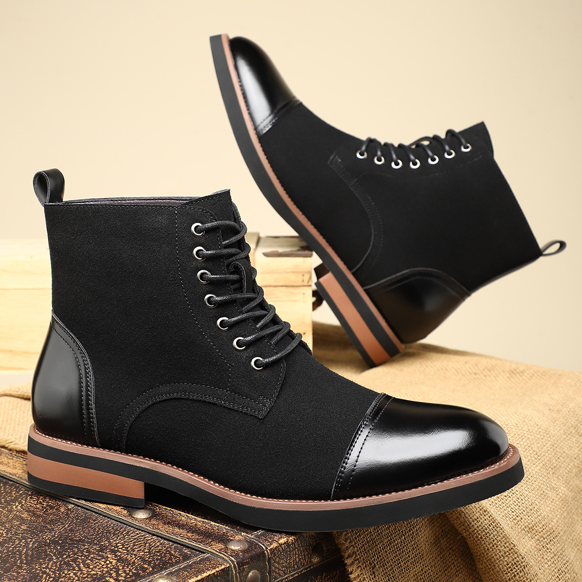 Suede & Leather Lace-Up Combat Boots-Colinshoes