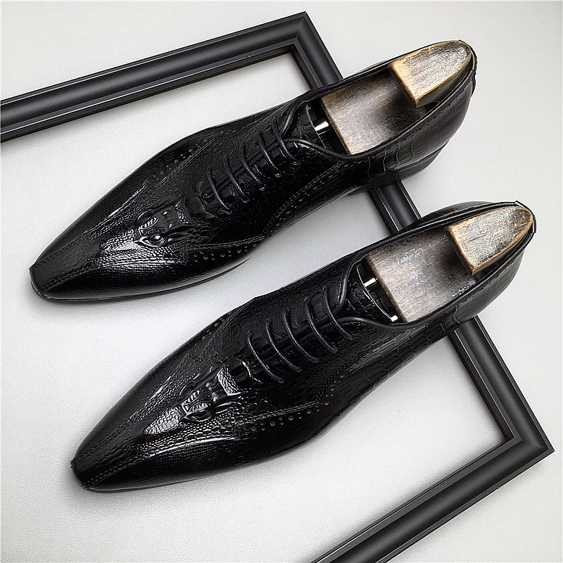 Elongated Modern Toe Croc-Embossed Derby Shoes