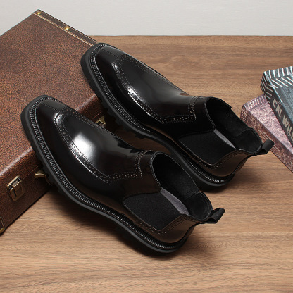 Cognac Burnished Brogue Chelsea Boots with Lug Sole