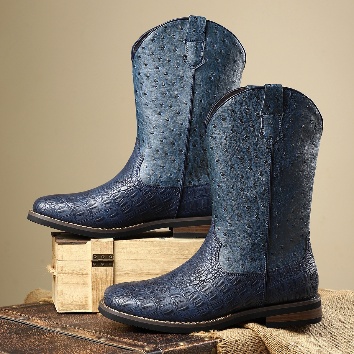 Leather Cowboy Boots with Ostrich Texture – Durable Fit | colinshoes