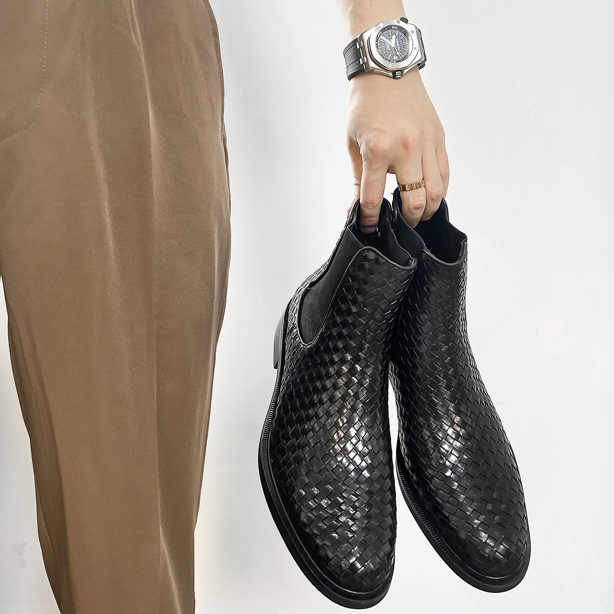 Italian-Inspired Woven Chelsea Ankle Boots-Colinshoes