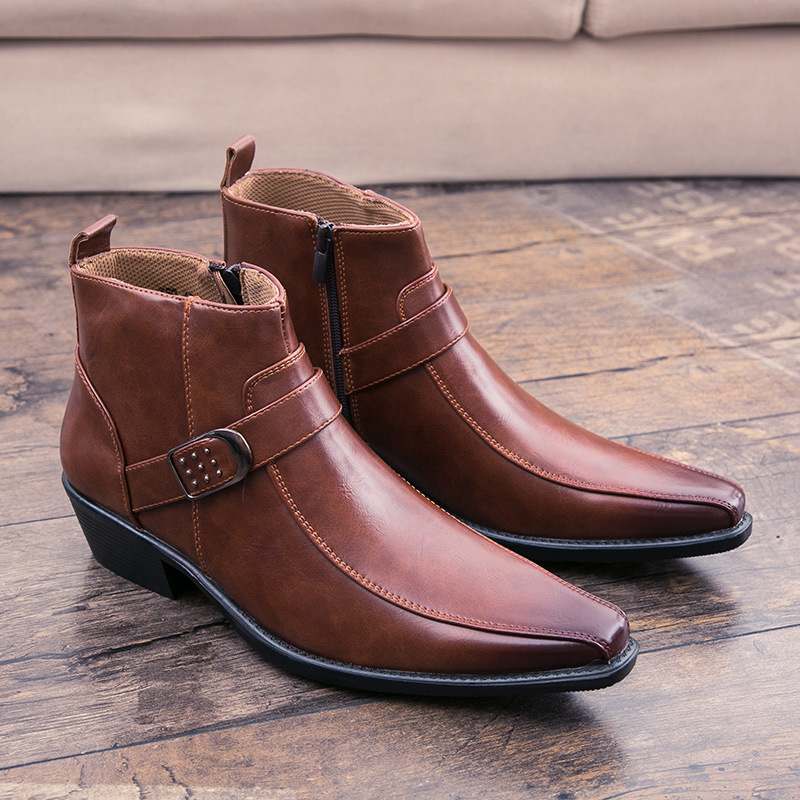 Retro Cowboy Pointed Toe Buckle Zipper Boots-Colinshoes