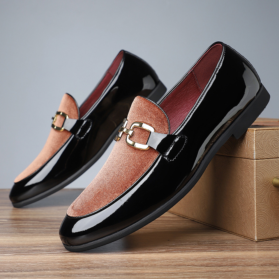 Two-tone velvet and patent leather loafers with gold horsebit detail-Colinshoes