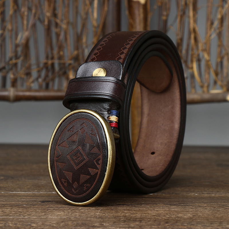 Heritage Embossed Leather Belt with Oval Brass Buckle