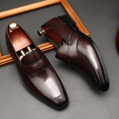 Goodyear welted brown leather penny loafers with glossy formal finish-Colinshoes