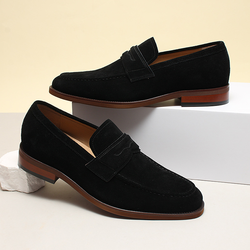 black suede penny loafers with soft texture and classic dress shoe silhouette.-Colinshoes