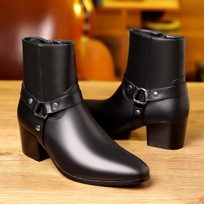 Stylish Mid-Heel Design Black Harness Boots for Men