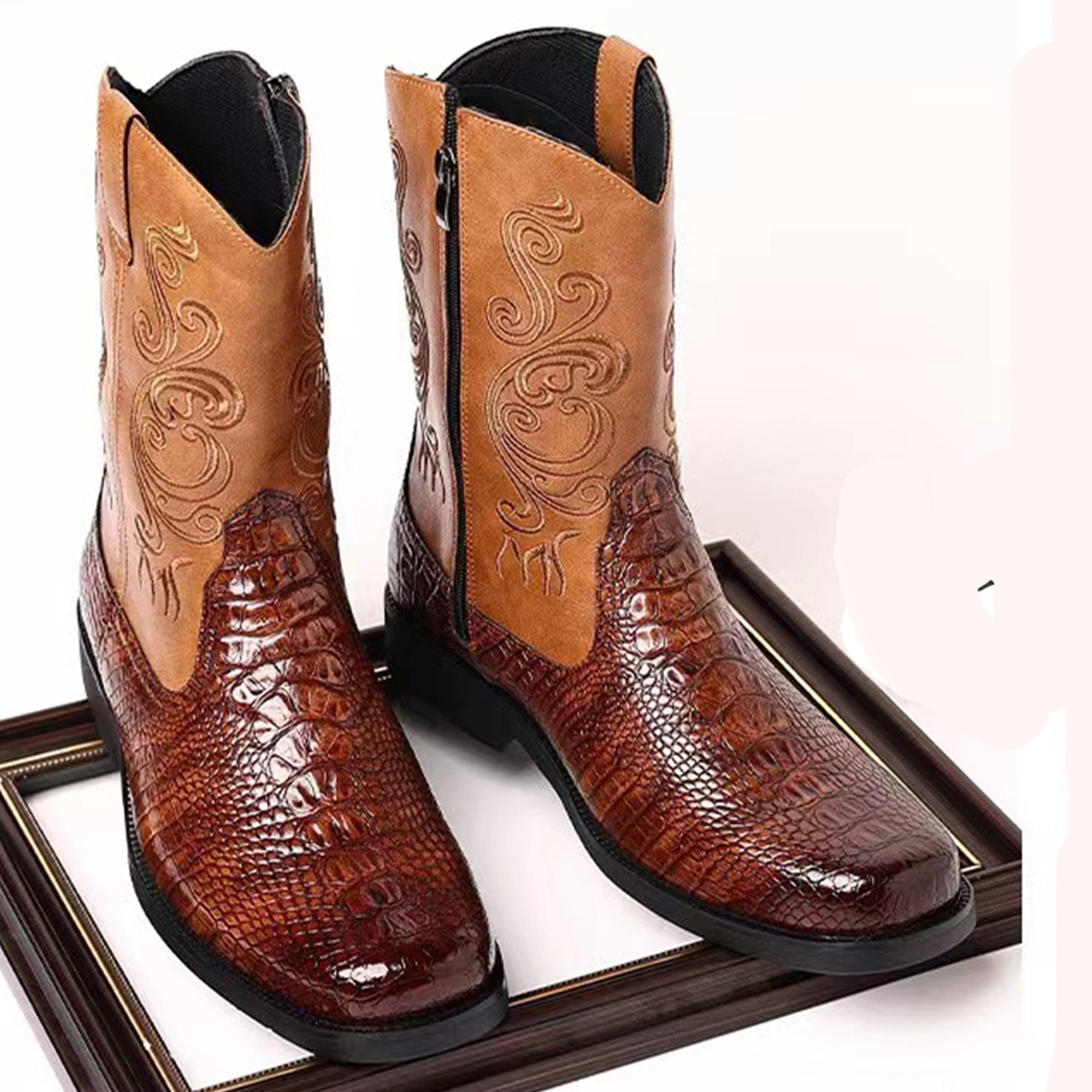 Western Cowboy Vintage Croc-Embossed Leather Boots