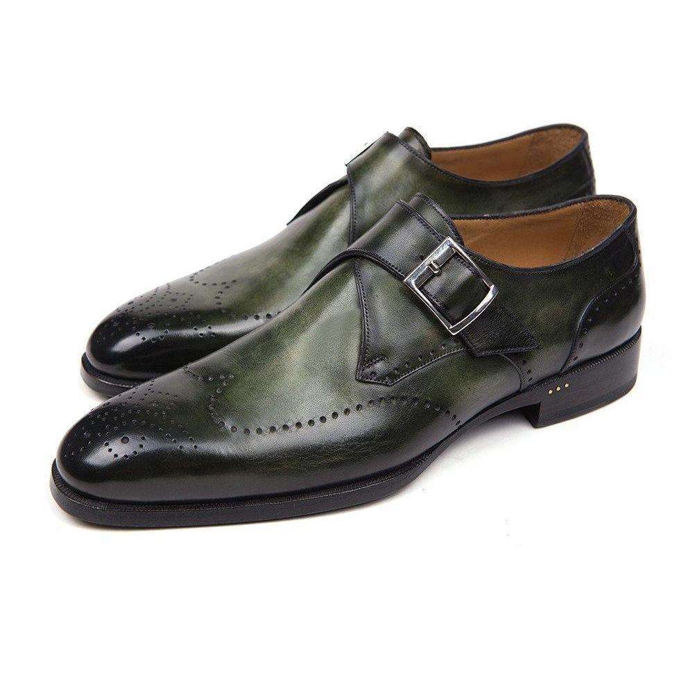 Green monk strap leather shoes front view on white background-Colinshoes