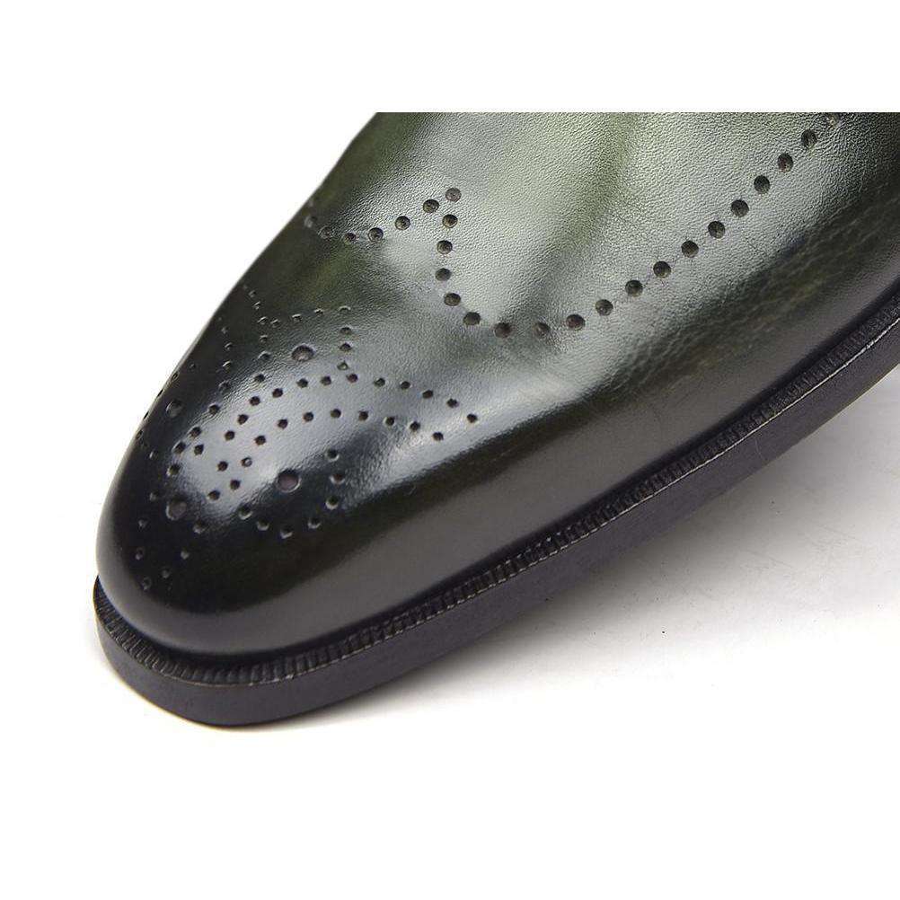 Hand-painted Green Patina Brogue Monk Strap Shoes-Colinshoes