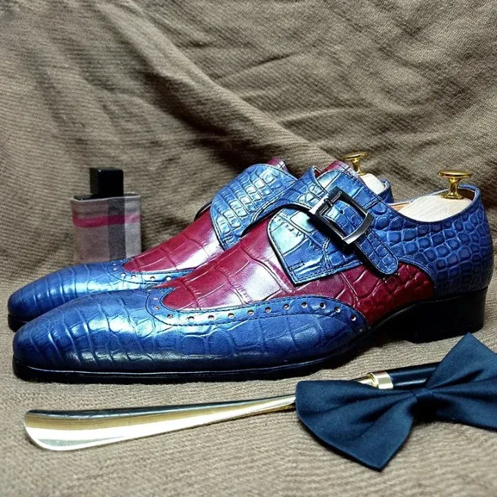Men’s Color-Block Crocodile Pattern Monk Shoes