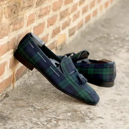 Crafted Blue Green Plaid Tassel Loafers -Colinshoes