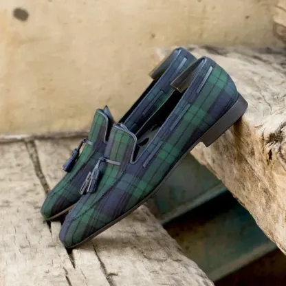 Crafted Blue Green Plaid Tassel Loafers -Colinshoes
