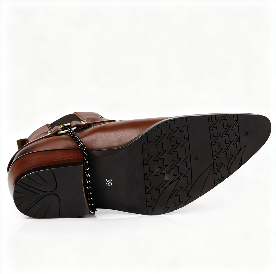 Western-Inspired Harness Boots Leather Ankle Style