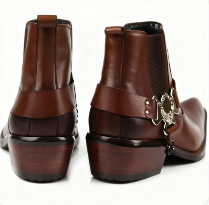 Rear and angled view of men’s Western harness ankle boots stylish design