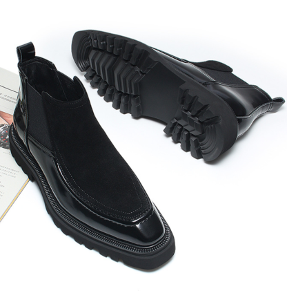 Back angle showing heel structure and leather contrast design boots