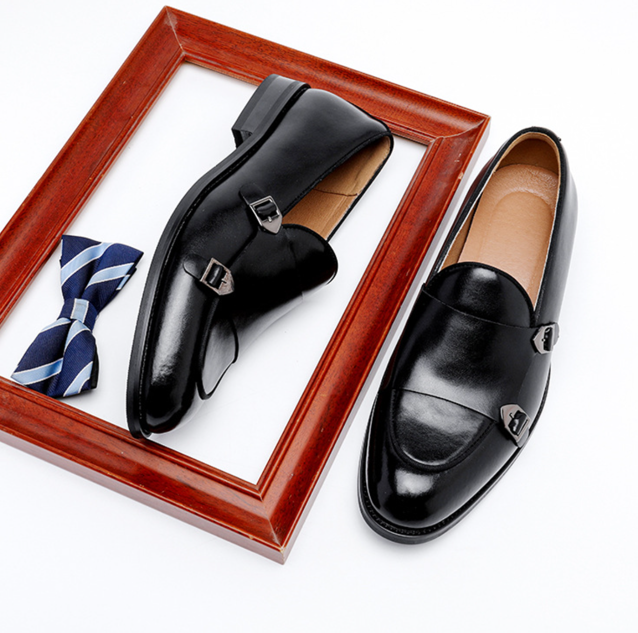 Men’s black leather double monk strap dress shoes