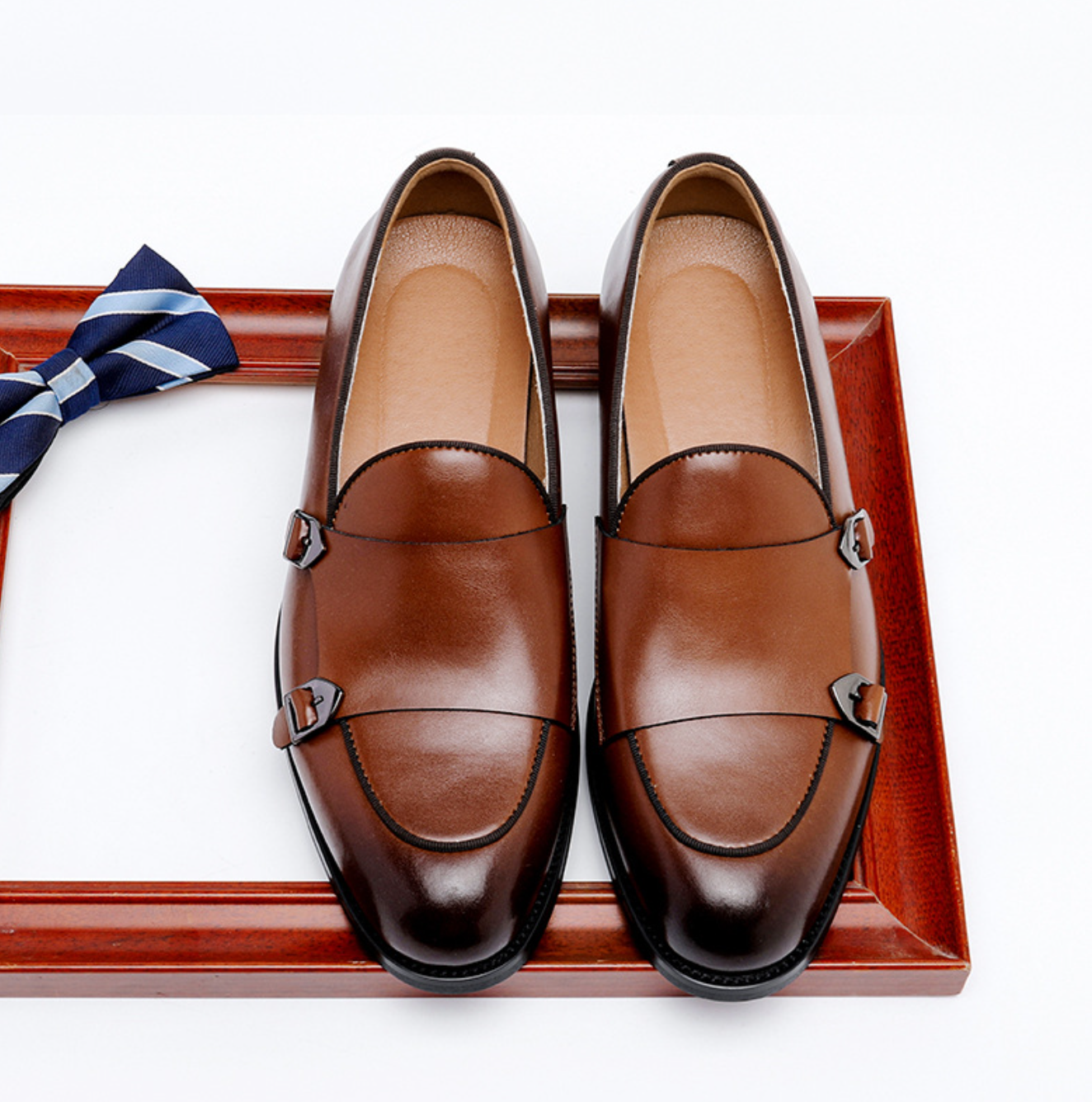 Men’s brown leather double monk strap loafers