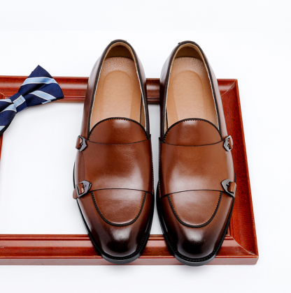 Men’s brown leather double monk strap loafers