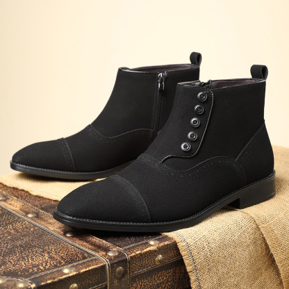Classic Cap Toe Ankle Boots With Button Detail & Side Zipper