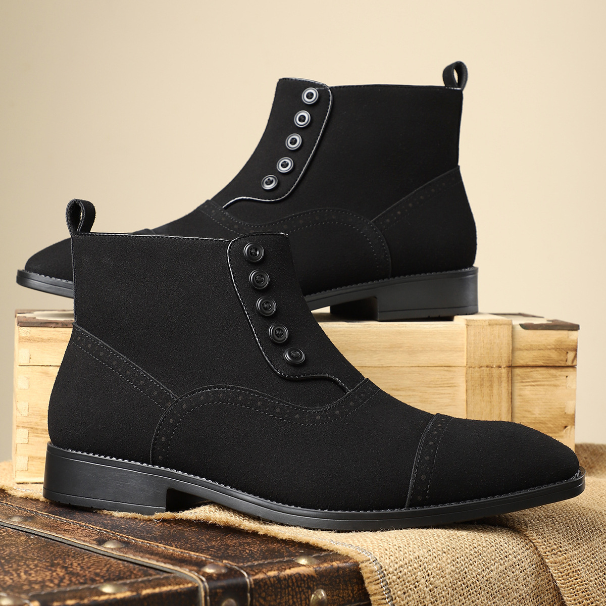 Classic Cap Toe Ankle Boots With Button Detail & Side Zipper