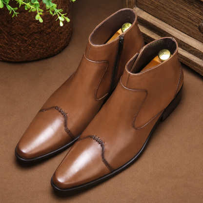 Italian Leather Pointed-Toe  Zip Ankle Boots