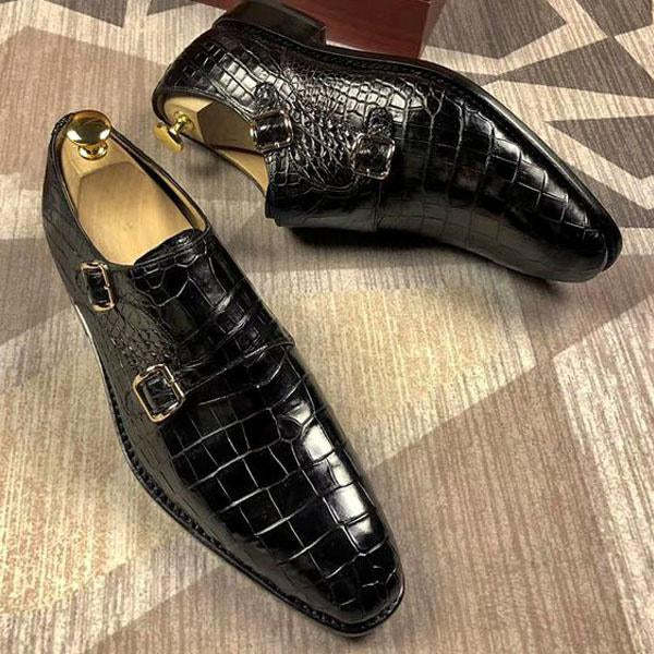 Timeless Black Croc Texture Double Monk Straps-Colinshoes