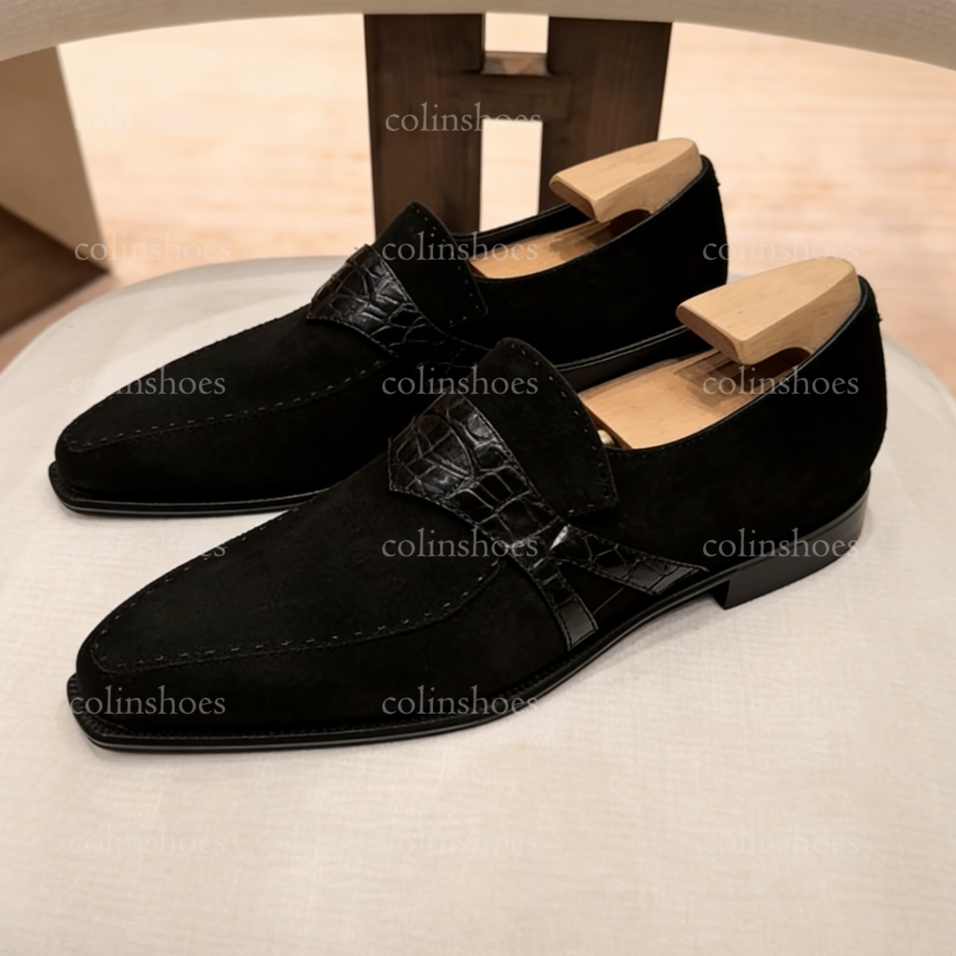 Understated Elegance Suede Loafers with Crocodile Strap