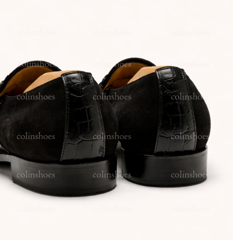 Understated Elegance Suede Loafers with Crocodile Strap