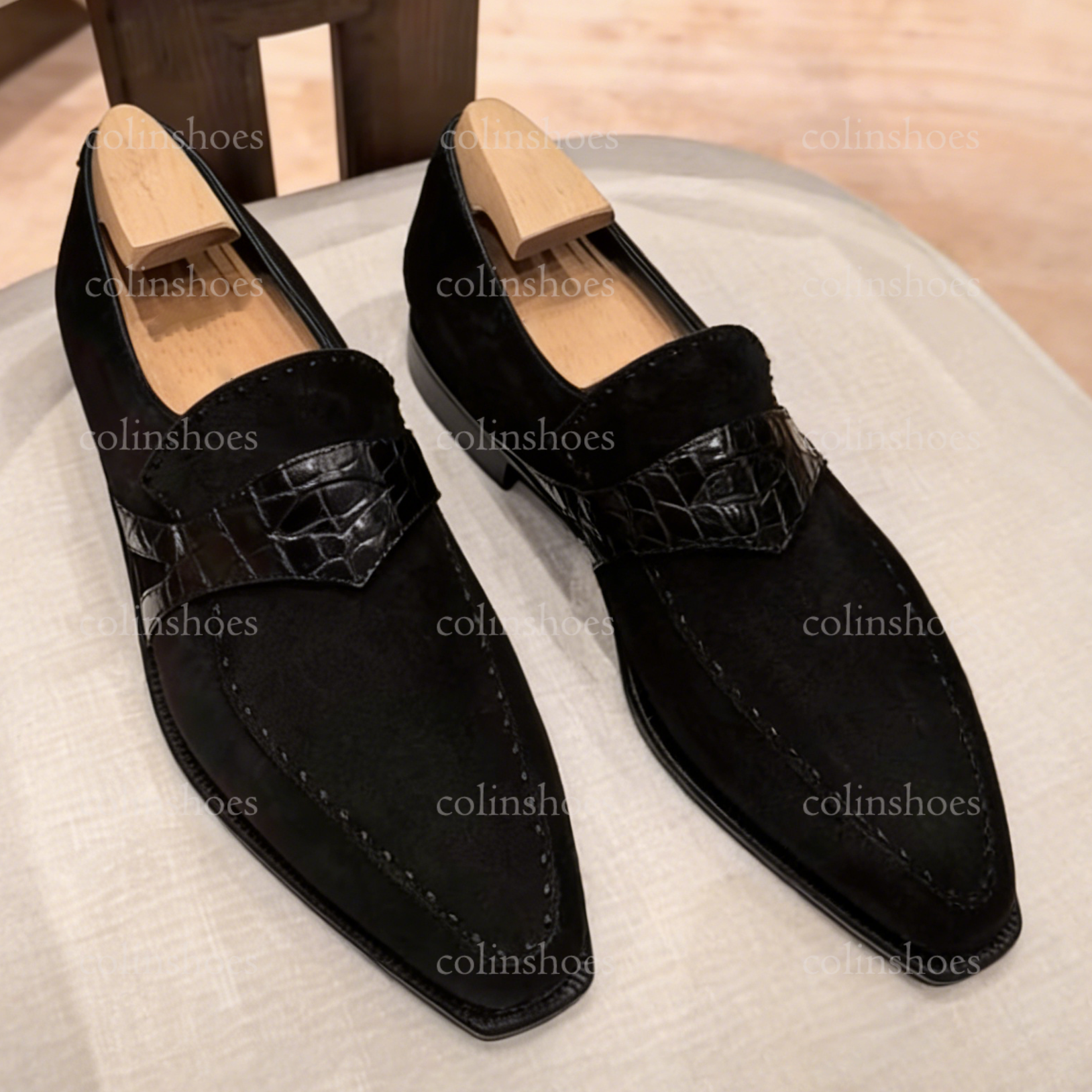 Understated Elegance Suede Loafers with Crocodile Strap