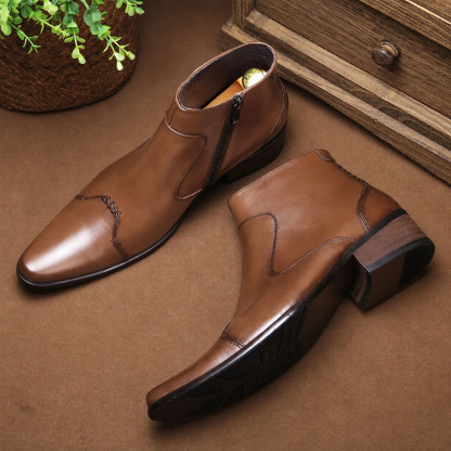 Italian Leather Pointed-Toe  Zip Ankle Boots
