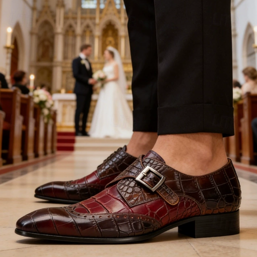 Croc-Embossed Two-Tone Single Monk Strap Shoes