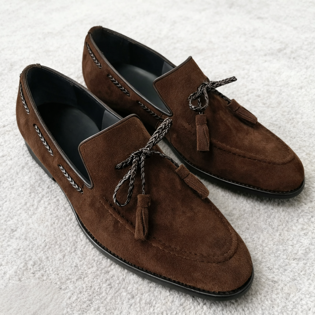 Handcrafted Men’s Grey Suede Tassel Loafers