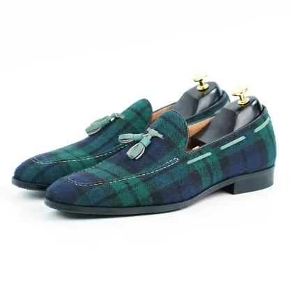 Crafted Blue Green Plaid Tassel Loafers -Colinshoes