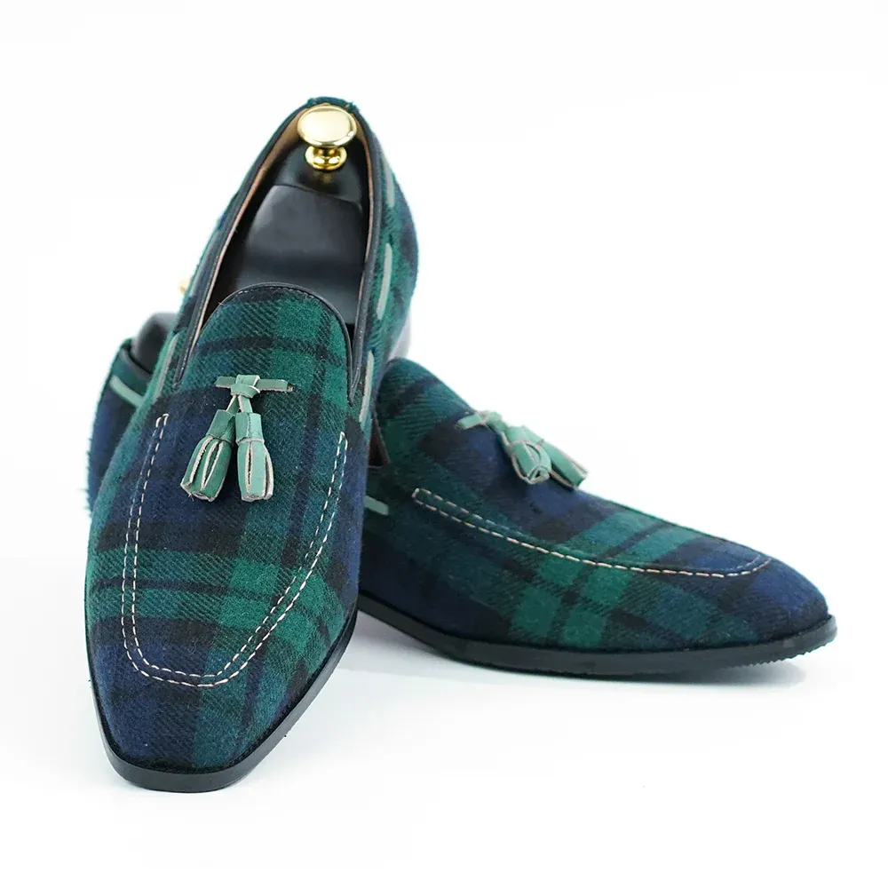 Crafted Blue Green Plaid Tassel Loafers -Colinshoes