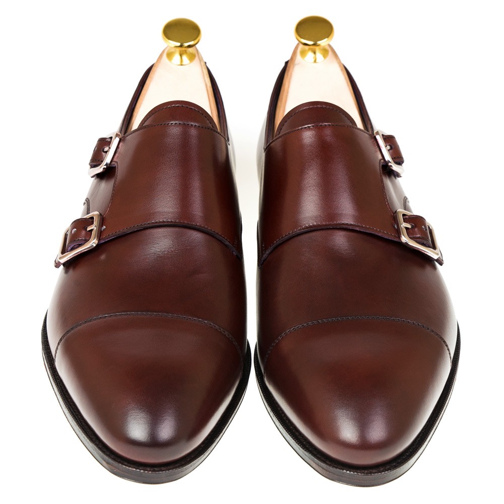 Front view of brown leather double monk strap shoes for men-Colinshoes